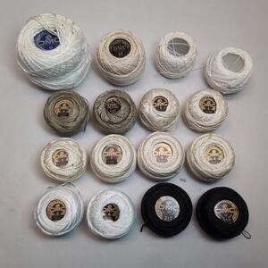 Mixed Lot of 16 DMC Crochet Thread Balls Spools Coton Perle Cebelia White Black